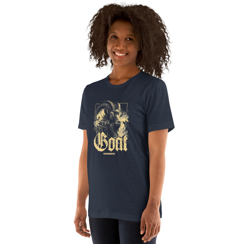 GOAT T-Shirt - Left Front View - Heather Navy