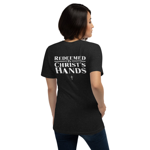Rich T-Shirt – Redeemed in Christ's Hands Slogan Clothing – Christian Streetwear Graphic T-Shirt – Soft Short Sleeve Tee